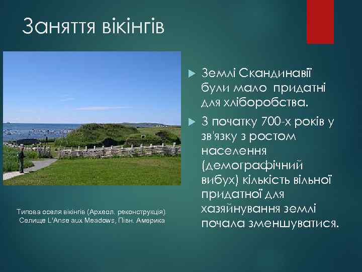 Заняття вікінгів Типова оселя вікінгів (Археол. реконструкція). Селище L'Anse aux Meadows, Півн. Америка Землі