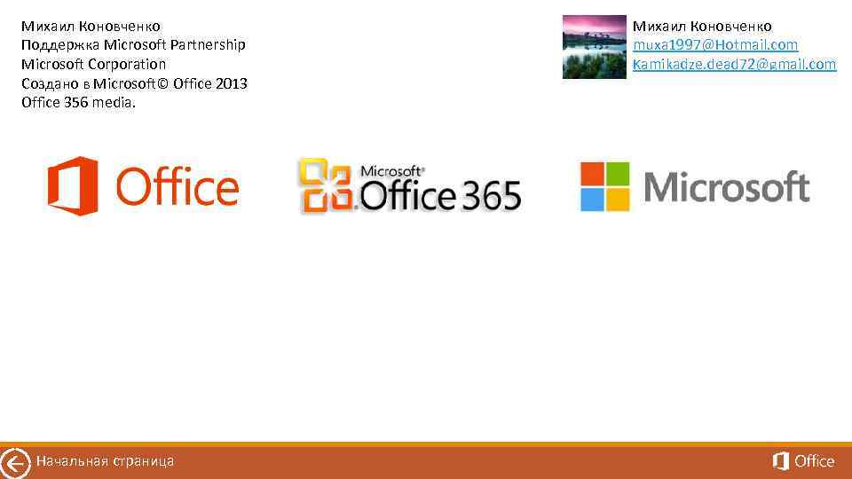 Михаил Коновченко Поддержка Microsoft Partnership Microsoft Corporation Создано в Microsoft© Office 2013 Office 356