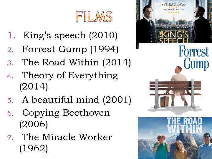 1. King’s speech (2010) 2. Forrest Gump (1994) 3. The Road Within (2014) 4.