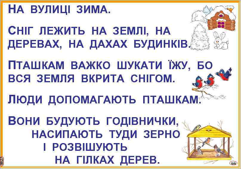 0027 НА ВУЛИЦІ ЗИМА. СНІГ ЛЕЖИТЬ НА ЗЕМЛІ, НА ДЕРЕВАХ, НА ДАХАХ БУДИНКІВ. ПТАШКАМ