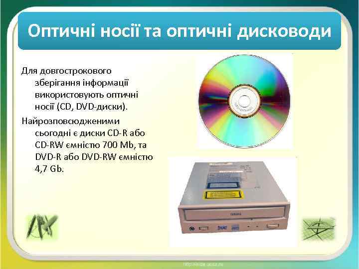 Оптичні носії та оптичні дисководи Для довгострокового зберігання інформації використовують оптичні носії (CD, DVD-диски).