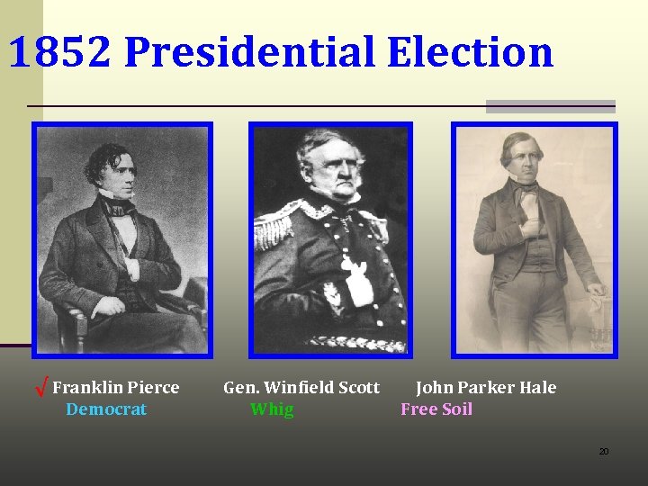 1852 Presidential Election √ Franklin Pierce Democrat Gen. Winfield Scott Whig John Parker Hale