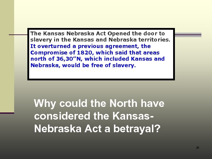 The Kansas Nebraska Act Opened the door to slavery in the Kansas and Nebraska