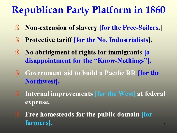 Republican Party Platform in 1860 ß Non-extension of slavery [for the Free-Soilers. ] ß