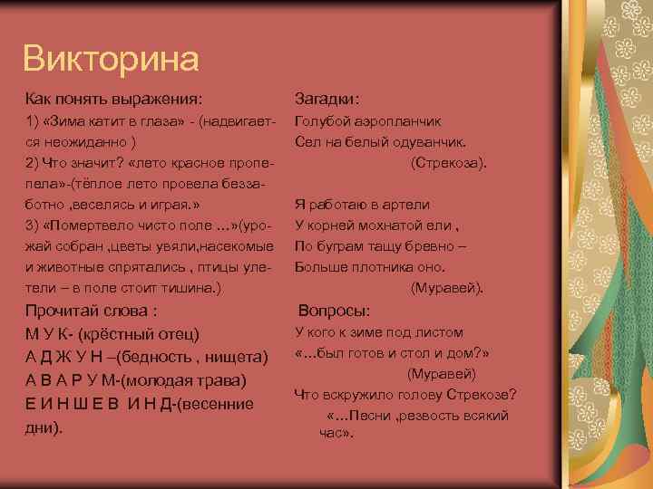 Викторина Как понять выражения: Загадки: 1) «Зима катит в глаза» - (надвигается неожиданно )