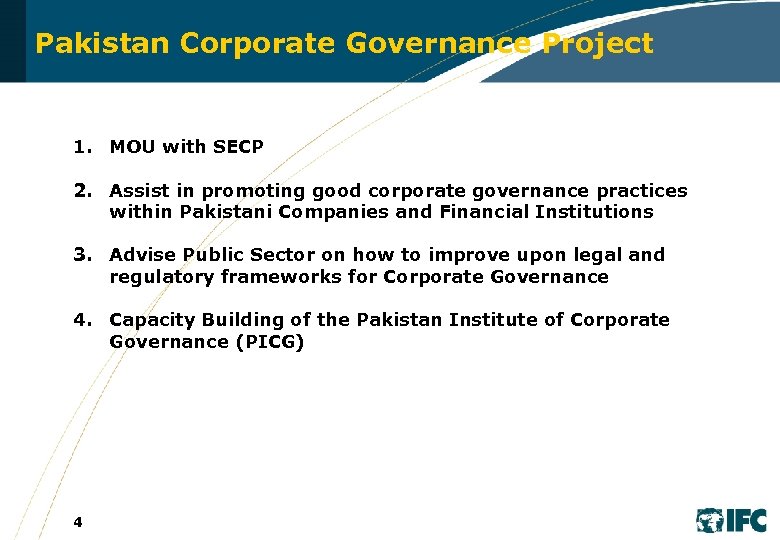 Pakistan Corporate Governance Project 1. MOU with SECP 2. Assist in promoting good corporate