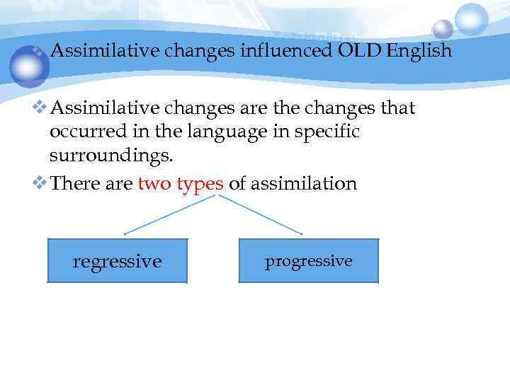 v Assimilative changes influenced OLD English v Assimilative changes are the changes that occurred