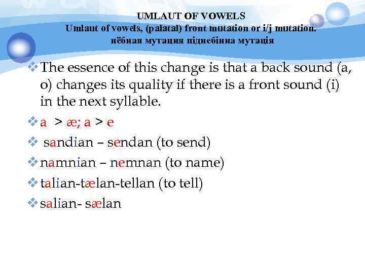 UMLAUT OF VOWELS Umlaut of vowels, (palatal) front mutation or i/j mutation. нёбная мутация