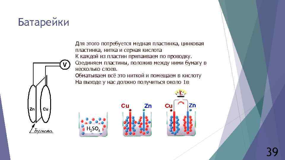 Батарейки Для этого потребуется медная пластинка, цинковая пластинка, нитка и серная кислота К каждой