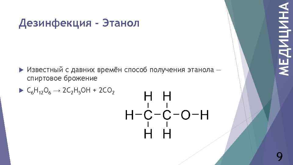  Известный с давних времён способ получения этанола — спиртовое брожение МЕДИЦИНА Дезинфекция -