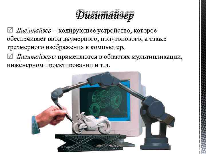 Дигитайзер – кодирующее устройство, которое обеспечивает ввод двумерного, полутонового, а также трехмерного изображения в