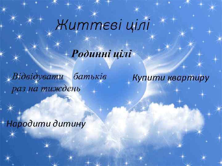 Життєві цілі Родинні цілі Відвідувати батьків раз на тиждень Народитину Купити квартиру 