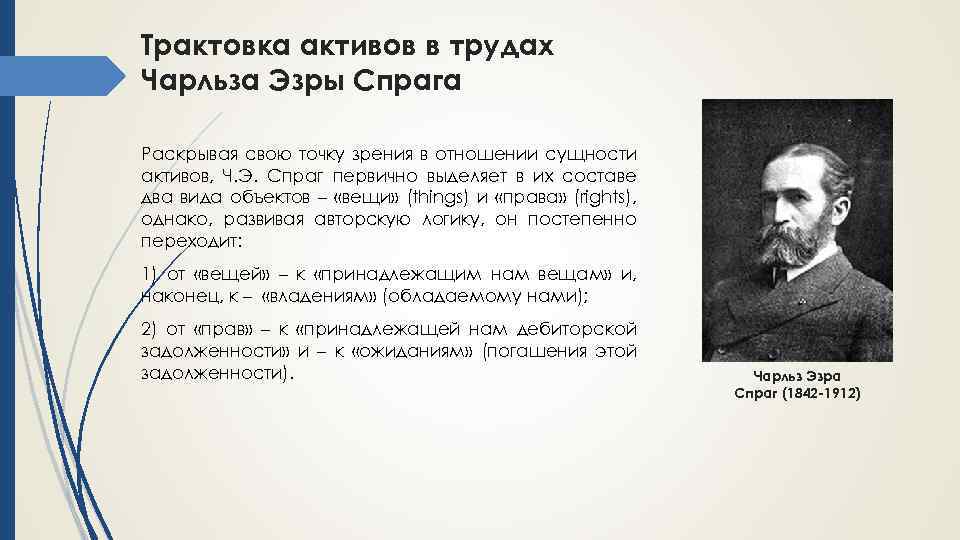 Трактовка активов в трудах Чарльза Эзры Спрага Раскрывая свою точку зрения в отношении сущности
