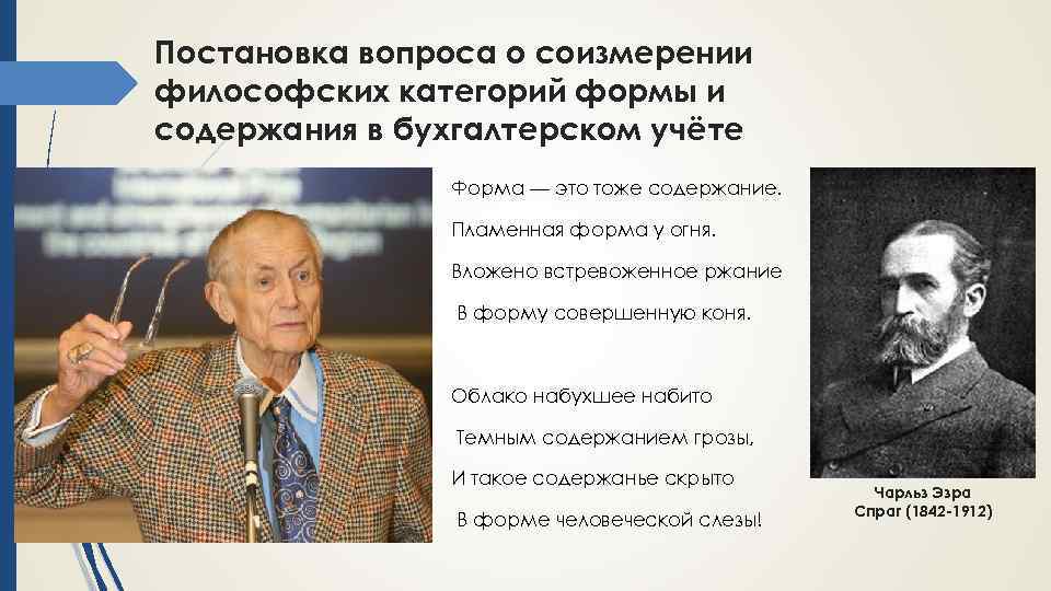 Постановка вопроса о соизмерении философских категорий формы и содержания в бухгалтерском учёте Форма —