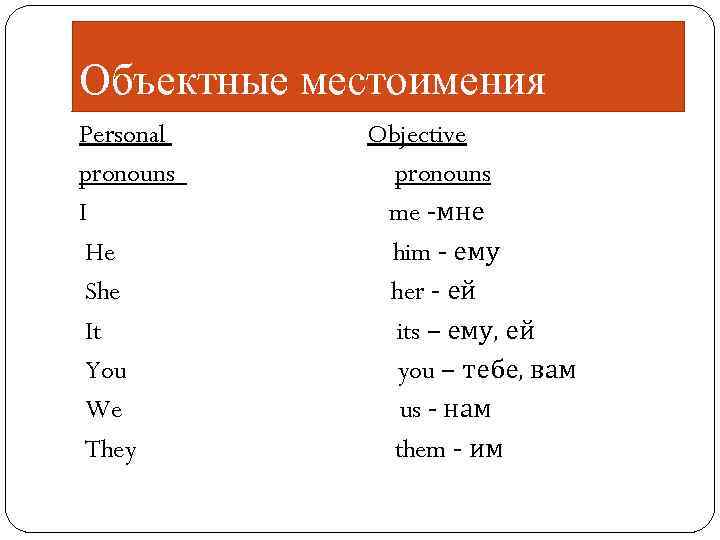 Объектные местоимения Personal pronouns I He She It You We They Objective pronouns me