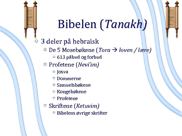 Bibelen (Tanakh) 3 deler på hebraisk De 5 Mosebøkene (Tora loven / lære) 613
