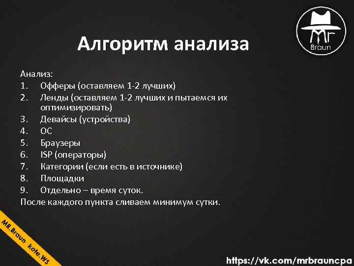 Алгоритм анализа Анализ: 1. Офферы (оставляем 1 -2 лучших) 2. Ленды (оставляем 1 -2