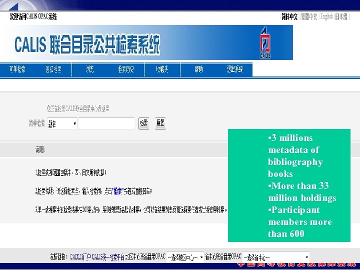  • 3 millions metadata of bibliography books • More than 33 million holdings