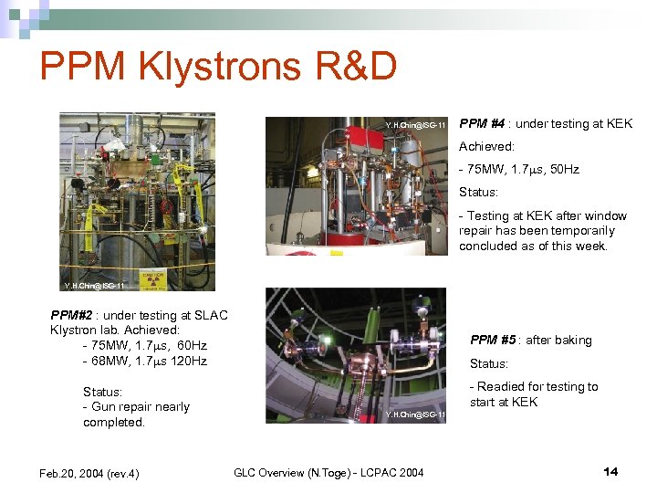 PPM Klystrons R&D Y. H. Chin@ISG-11 PPM #4 : under testing at KEK Achieved: