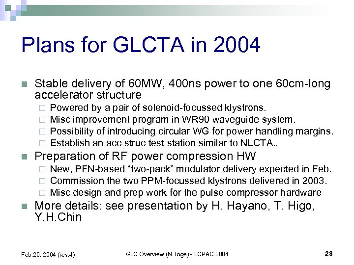 Plans for GLCTA in 2004 n Stable delivery of 60 MW, 400 ns power