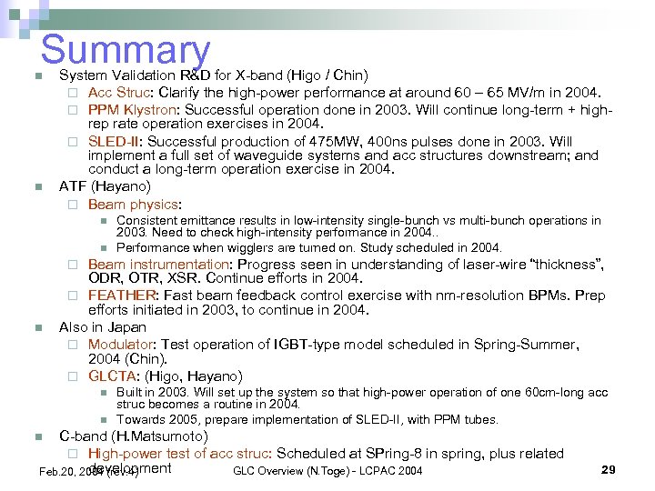 Summary n n System Validation R&D for X-band (Higo / Chin) ¨ Acc Struc: