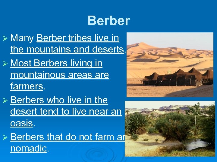 Berber Ø Many Berber tribes live in the mountains and deserts. Ø Most Berbers
