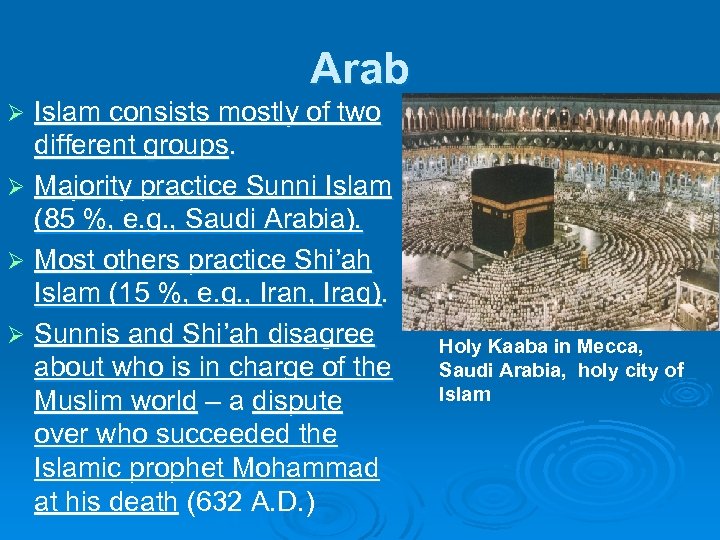 Arab Islam consists mostly of two different groups. Ø Majority practice Sunni Islam (85