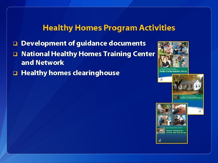 Healthy Homes Program Activities q q q Development of guidance documents National Healthy Homes