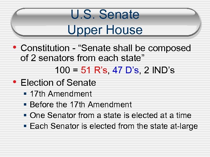 U. S. Senate Upper House • Constitution - “Senate shall be composed • of