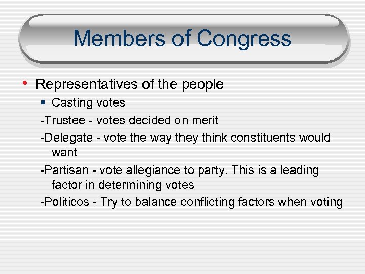 Members of Congress • Representatives of the people § Casting votes -Trustee - votes