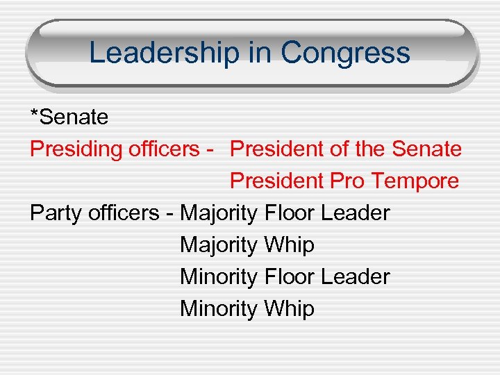 Leadership in Congress *Senate Presiding officers - President of the Senate President Pro Tempore