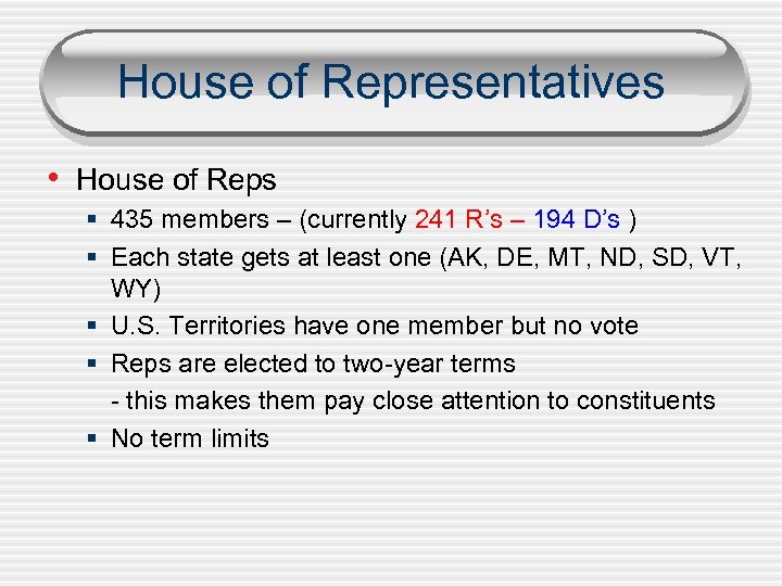 House of Representatives • House of Reps § 435 members – (currently 241 R’s