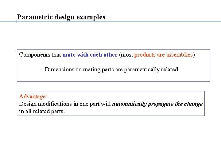 Parametric design examples Components that mate with each other (most products are assemblies) -