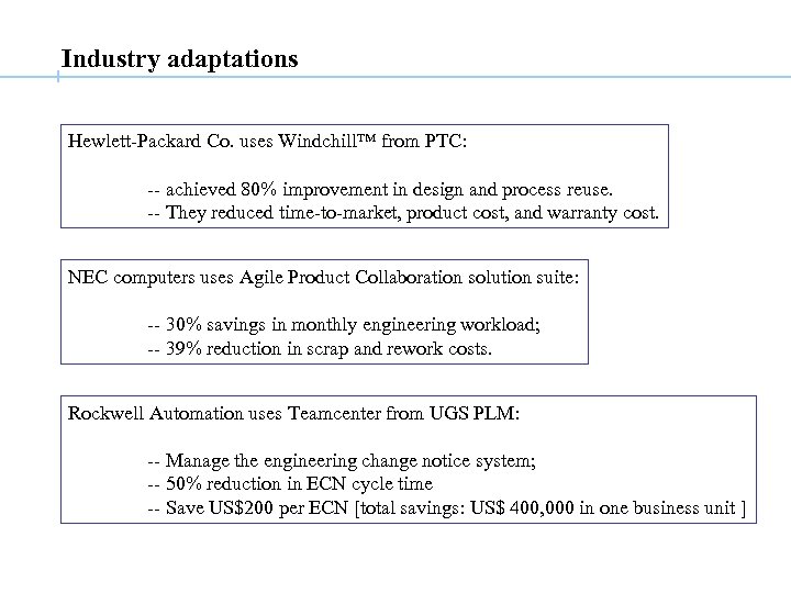 Industry adaptations Hewlett-Packard Co. uses Windchill™ from PTC: -- achieved 80% improvement in design