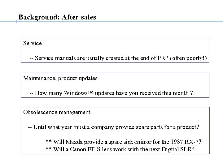 Background: After-sales Service -- Service manuals are usually created at the end of PRP