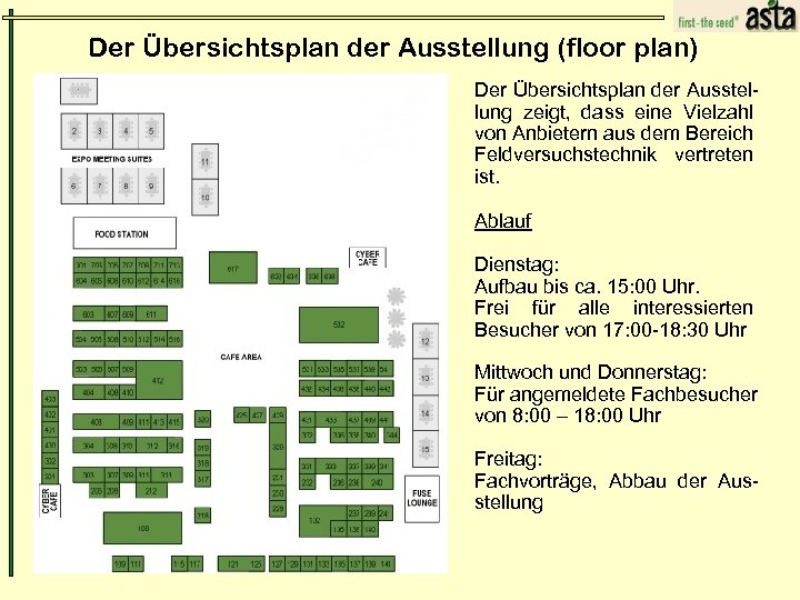 Der Übersichtsplan der Ausstellung (floor plan) Der Übersichtsplan der Ausstellung zeigt, dass eine Vielzahl