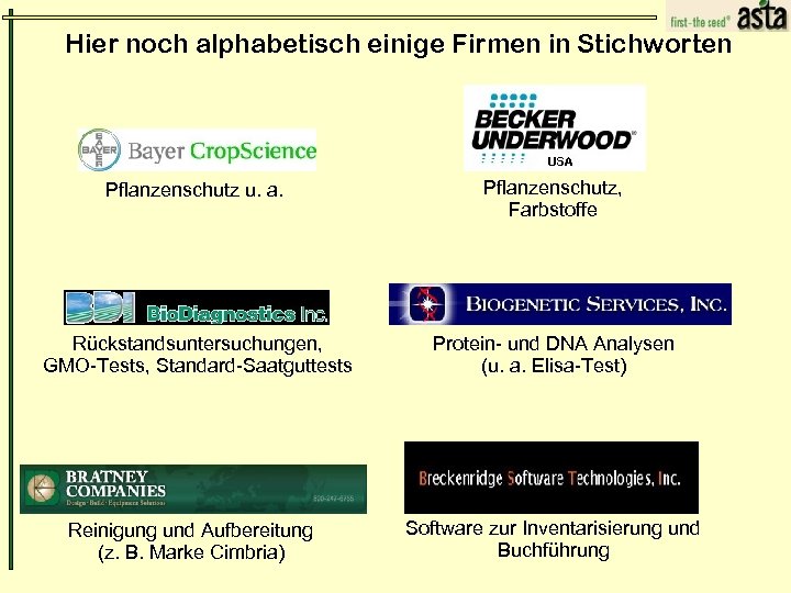 Hier noch alphabetisch einige Firmen in Stichworten Pflanzenschutz u. a. Pflanzenschutz, Farbstoffe Rückstandsuntersuchungen, GMO-Tests,