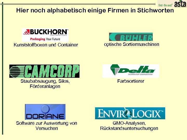 Hier noch alphabetisch einige Firmen in Stichworten Kunststoffboxen und Container optische Sortiermaschinen Staubabsaugung, Silos,