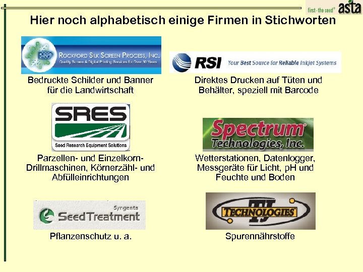 Hier noch alphabetisch einige Firmen in Stichworten Bedruckte Schilder und Banner für die Landwirtschaft