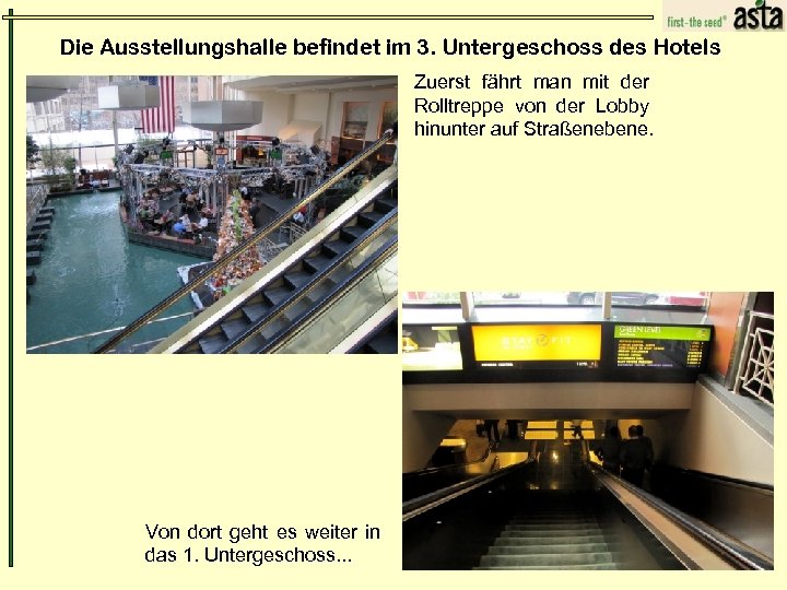 Die Ausstellungshalle befindet im 3. Untergeschoss des Hotels Zuerst fährt man mit der Rolltreppe