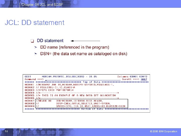 Chapter 06 JCL and SDSF JCL: DD statement 10 © 2006 IBM Corporation 