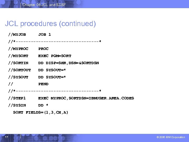 Chapter 06 JCL and SDSF JCL procedures (continued) //MYJOB 1 //*-----------------* //MYPROC //MYSORT EXEC