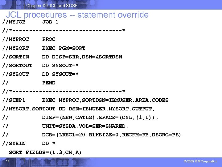 Chapter 06 JCL and SDSF JCL procedures -- statement override //MYJOB 1 //*-----------------* //MYPROC