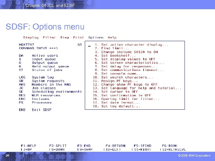 Chapter 06 JCL and SDSF: Options menu 26 © 2006 IBM Corporation 