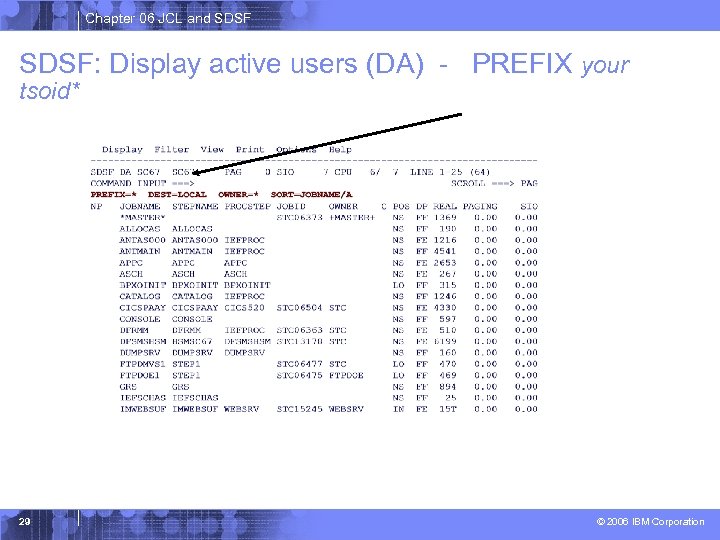 Chapter 06 JCL and SDSF: Display active users (DA) - PREFIX your tsoid* 29