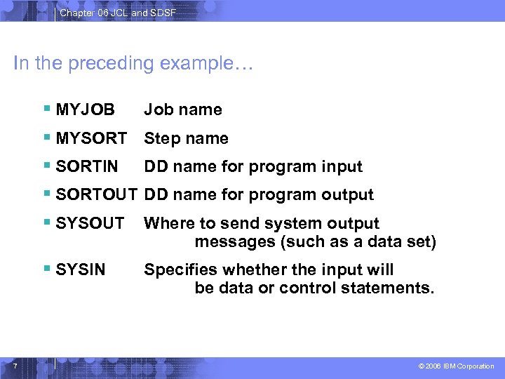 Chapter 06 JCL and SDSF In the preceding example… § MYJOB § MYSORT §