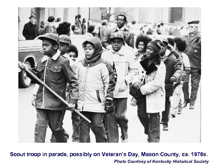 Scout troop in parade, possibly on Veteran’s Day, Mason County, ca. 1970 s. Photo