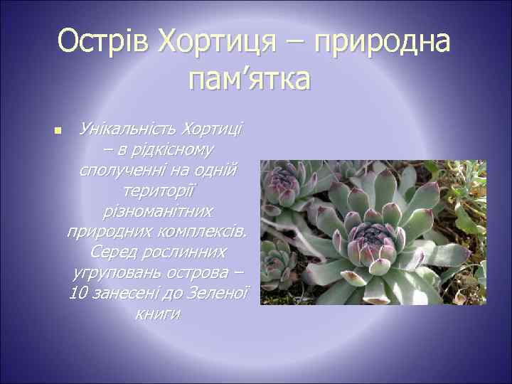 Острів Хортиця – природна пам’ятка n Унікальність Хортиці – в рідкісному сполученні на одній