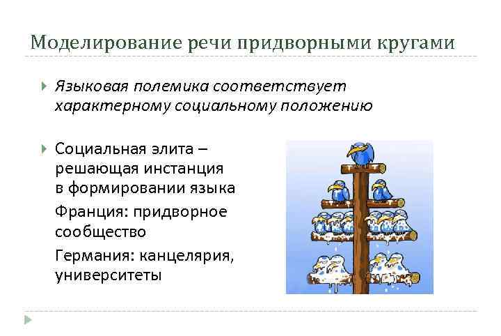 Моделирование речи придворными кругами Языковая полемика соответствует характерному социальному положению Социальная элита – решающая