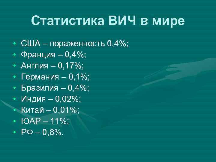 Статистика ВИЧ в мире • • • США – пораженность 0, 4%; Франция –